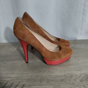Enzo Angiolini Easmiles Brown Suede Coral Red Platform Pumps Heels 8.5M